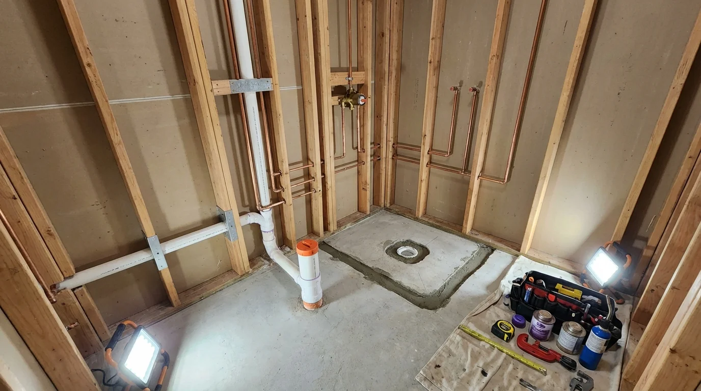 Bathroom rough-in plumbing during remodel by Johns Plumbing LLC in Deposit