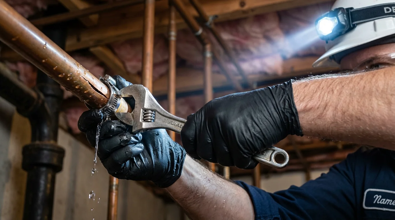 Emergency pipe clamp repair being performed by a Johns Plumbing LLC plumber in Deposit