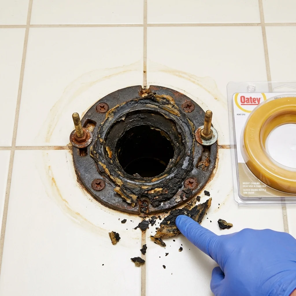 Failed wax ring showing water seepage at the base of a toilet in a Deposit, NY home
