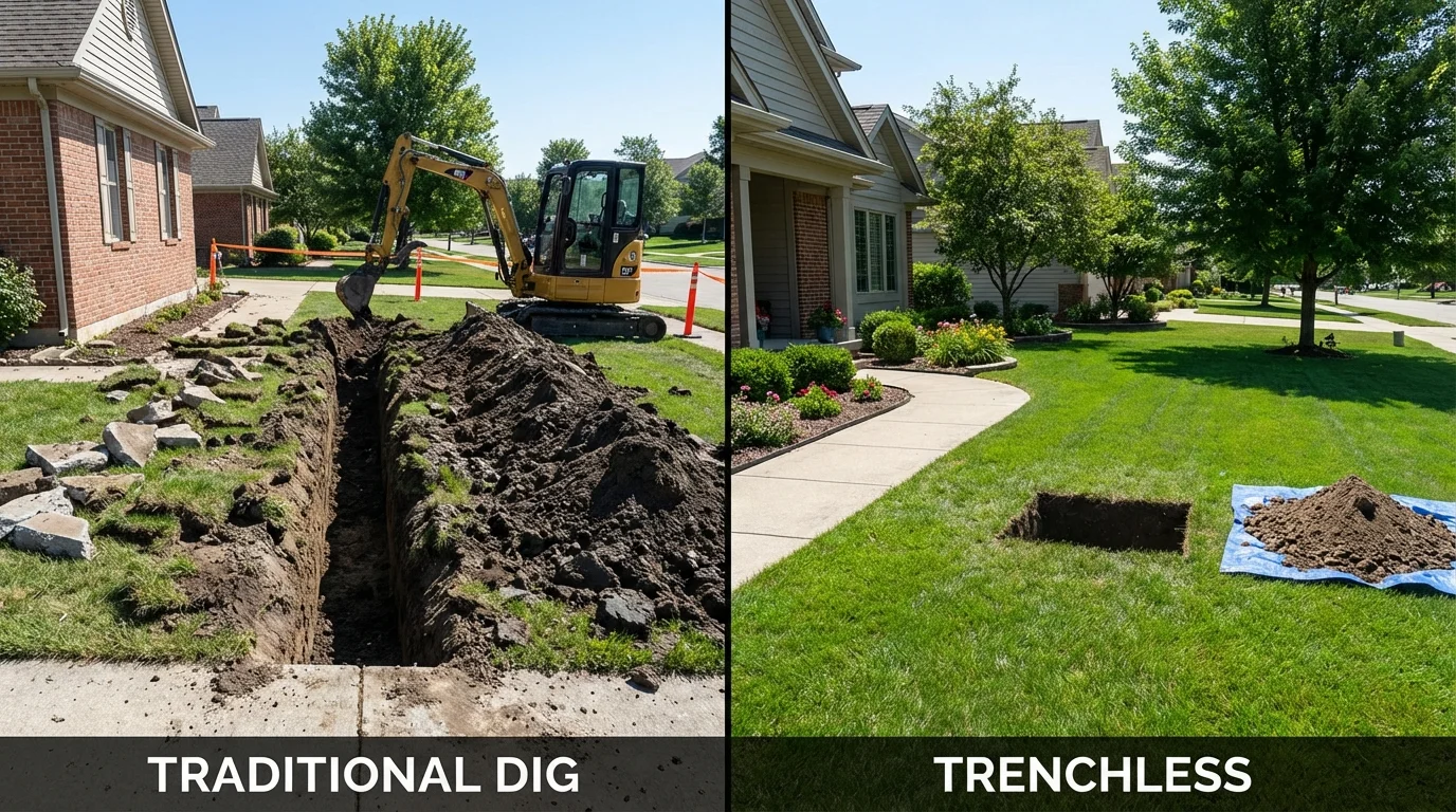 Trenchless sewer repair with minimal yard damage versus traditional excavation in Deposit, NY