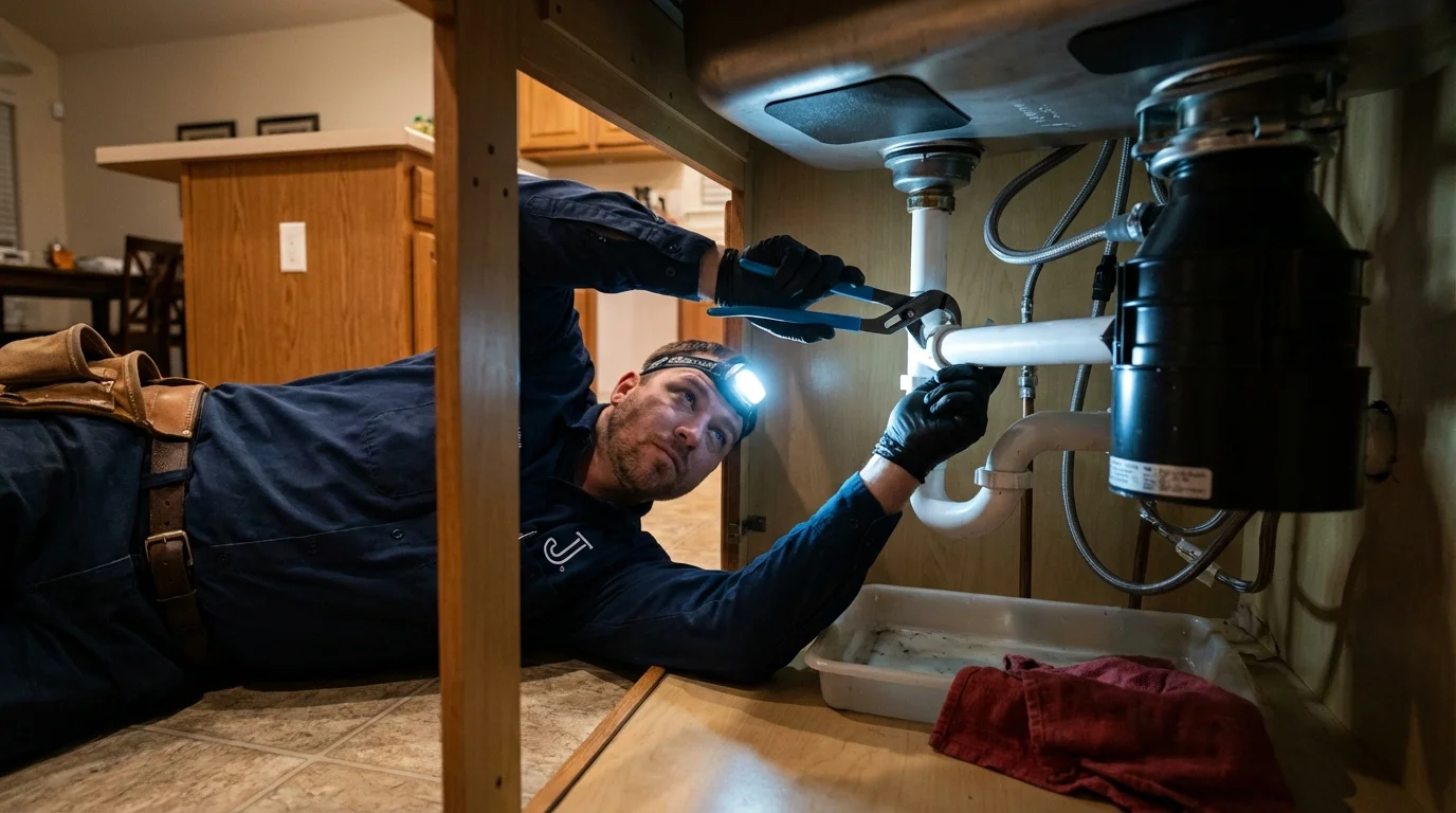 P-trap and supply line connections under a kitchen sink showing a common leak point in Deposit, NY